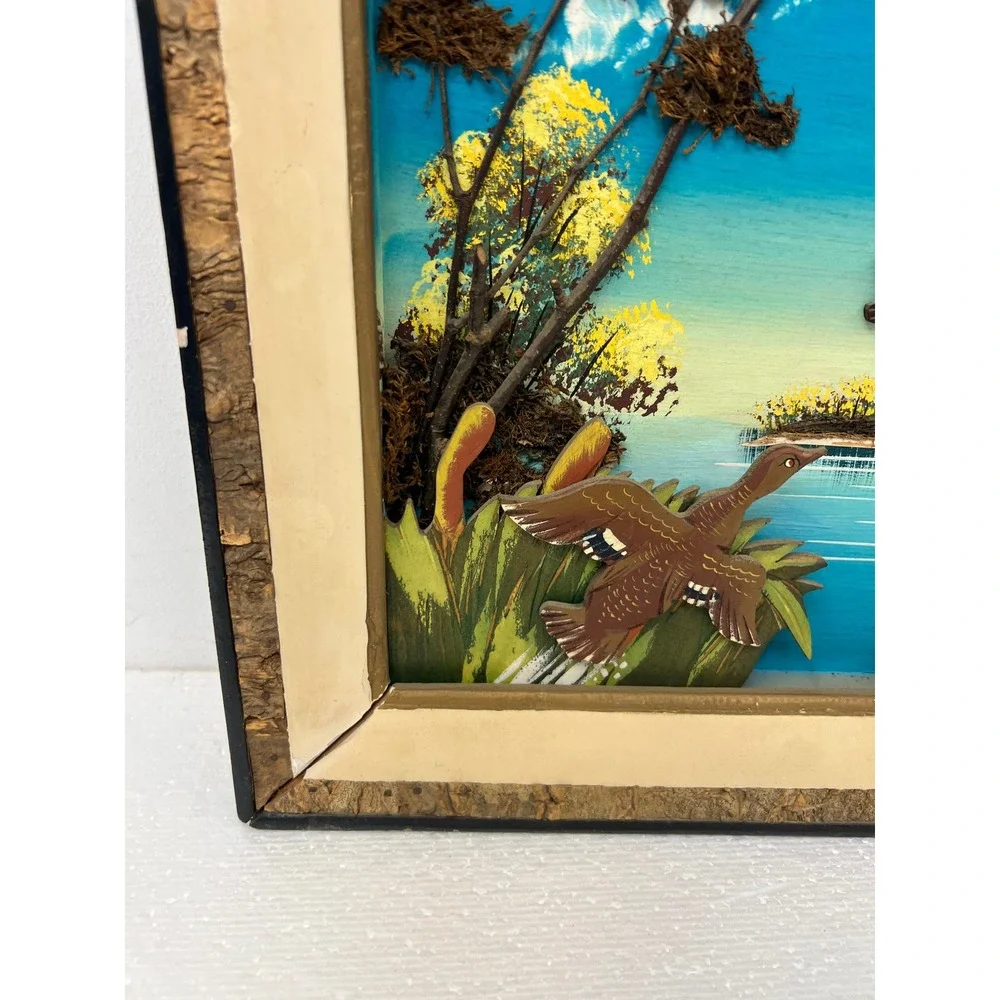 Vintage Mixed Media Shadowbox Art Ducks Flying Mallard Lake Scene Cabin Decor